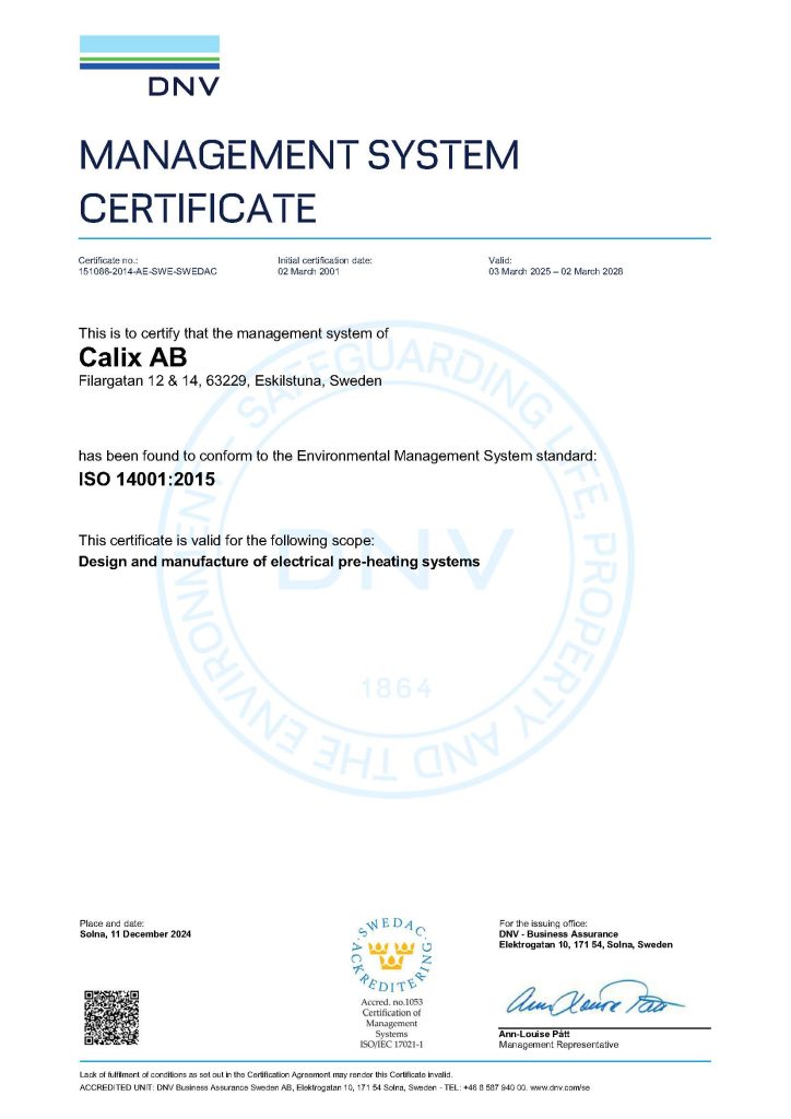 ISO certificate 2028 Calix